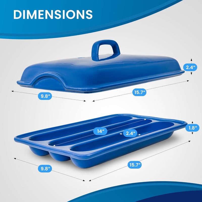 BakeBelle Demi Baguette Pan with Lid for French Bread – 3 Slot Blue Bread Baker Tray – Ceramic Baguette Mold for Sub Rolls, Hoagie, Italian Loaf – Easy-Lift Handle & Vented Crisp Crust Baking - Image 2