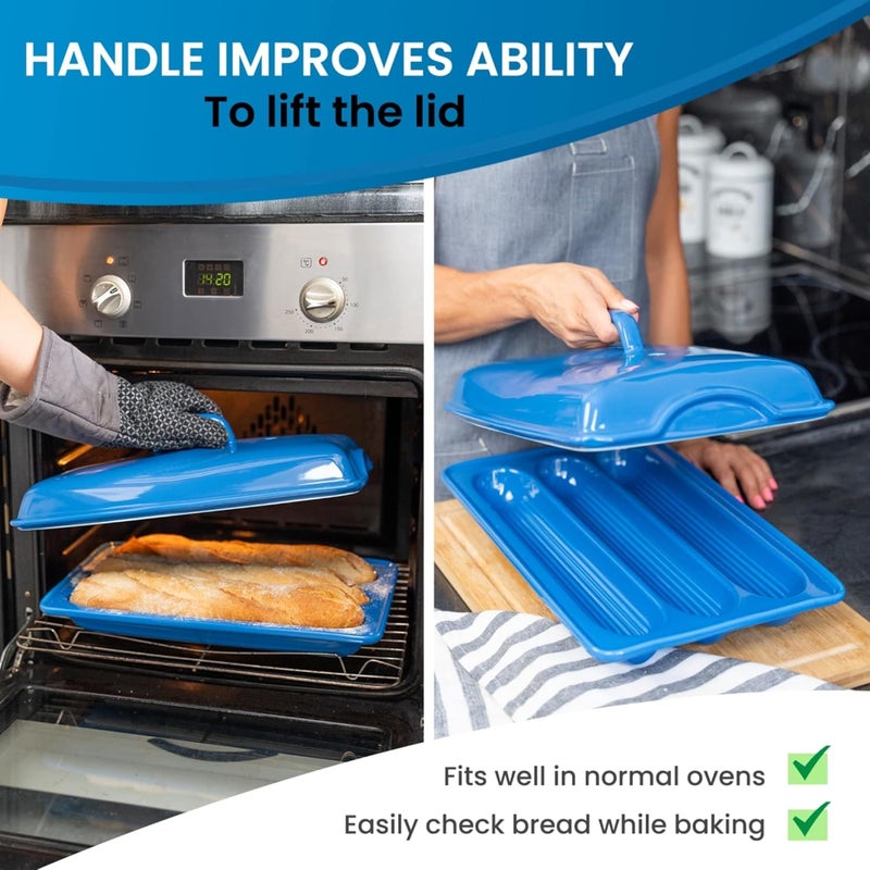 BakeBelle Demi Baguette Pan with Lid for French Bread – 3 Slot Blue Bread Baker Tray – Ceramic Baguette Mold for Sub Rolls, Hoagie, Italian Loaf – Easy-Lift Handle & Vented Crisp Crust Baking - Image 5