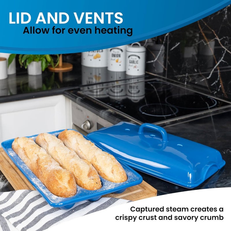 BakeBelle Demi Baguette Pan with Lid for French Bread – 3 Slot Blue Bread Baker Tray – Ceramic Baguette Mold for Sub Rolls, Hoagie, Italian Loaf – Easy-Lift Handle & Vented Crisp Crust Baking - Image 3
