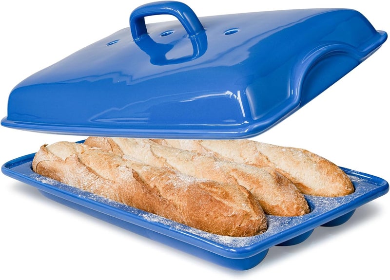 BakeBelle Demi Baguette Pan with Lid for French Bread – 3 Slot Blue Bread Baker Tray – Ceramic Baguette Mold for Sub Rolls, Hoagie, Italian Loaf – Easy-Lift Handle & Vented Crisp Crust Baking - Image 1