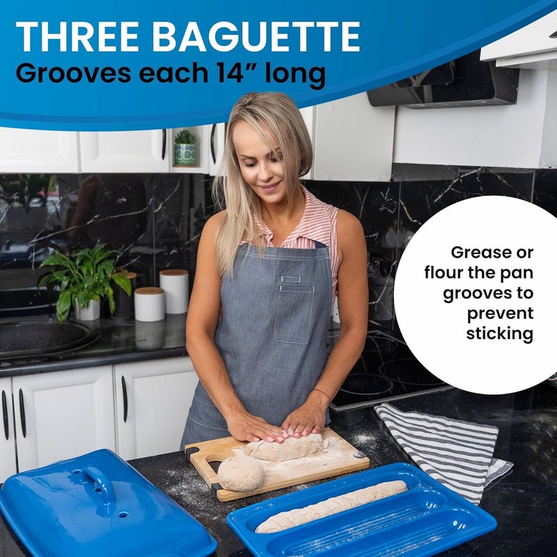 BakeBelle Demi Baguette Pan with Lid for French Bread – 3 Slot Blue Bread Baker Tray – Ceramic Baguette Mold for Sub Rolls, Hoagie, Italian Loaf – Easy-Lift Handle & Vented Crisp Crust Baking - Image 4