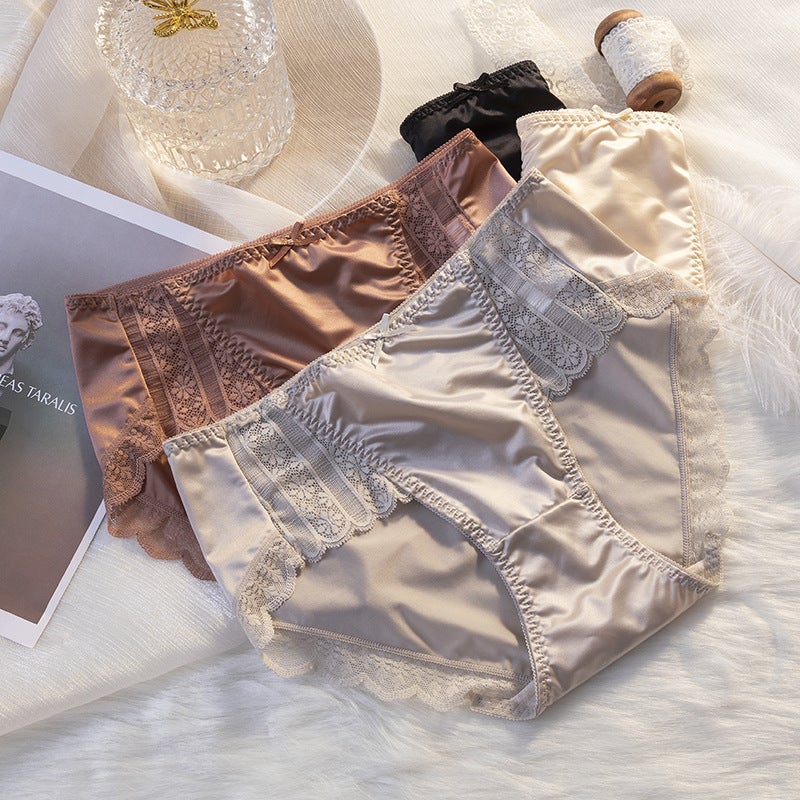 French Light Luxury Satin Retro Mid-High Waist Ice Silk Traceless Underwear Luxury Comfortable Bacteriostatic Crotch Briefs No Clip - Image 3