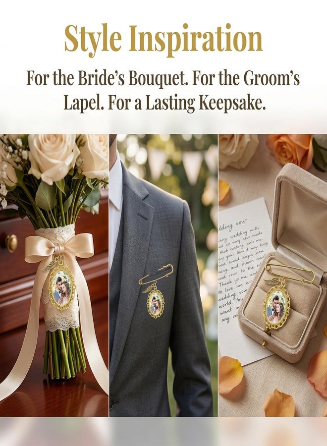 KGCGJVB Wedding Bouquet Photo Charms Memorial Boutonniere Charm Pin Custom Picture Accessories for Bride Grooms Memory Pins for Passed Loved Ones Graduation Bridal Wedding Decoration(Gold) - Image 5