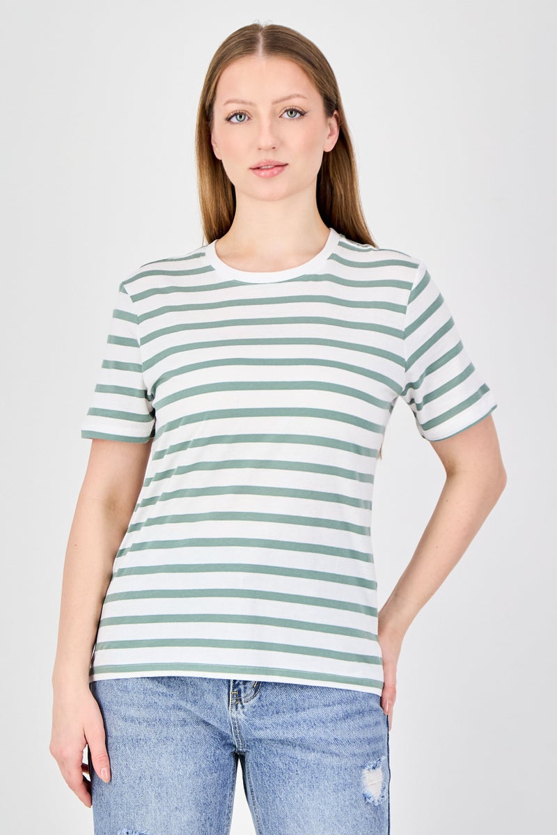 ONLY Women Crew Neck Short Sleeve Stripe T-Shirt, Multicolor - Image 1