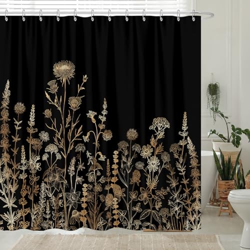 GOAOK Vintage Black and Gold Boho Shower Curtain, Black and Tan Cream Floral Aesthetic Dark Wildflower Botanical Flowers Shower Curtain for Bathroom with Hook,Farmhouse Plant Art Chic Shower Curtain 72X72 - Image 2