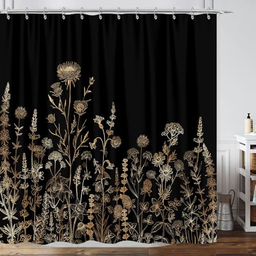 GOAOK Vintage Black and Gold Boho Shower Curtain, Black and Tan Cream Floral Aesthetic Dark Wildflower Botanical Flowers Shower Curtain for Bathroom with Hook,Farmhouse Plant Art Chic Shower Curtain 72X72 - Image 1
