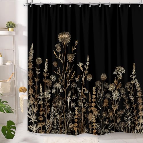 GOAOK Vintage Black and Gold Boho Shower Curtain, Black and Tan Cream Floral Aesthetic Dark Wildflower Botanical Flowers Shower Curtain for Bathroom with Hook,Farmhouse Plant Art Chic Shower Curtain 72X72 - Image 3