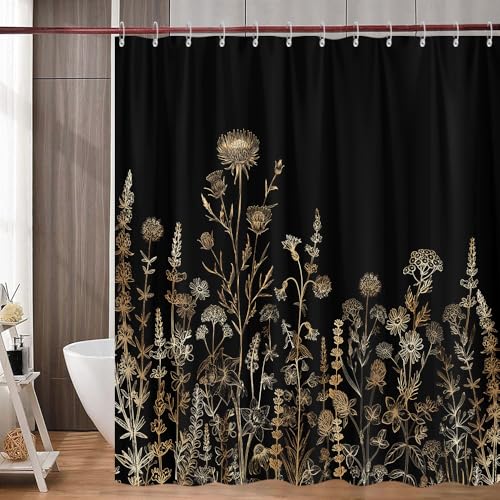 GOAOK Vintage Black and Gold Boho Shower Curtain, Black and Tan Cream Floral Aesthetic Dark Wildflower Botanical Flowers Shower Curtain for Bathroom with Hook,Farmhouse Plant Art Chic Shower Curtain 72X72 - Image 5