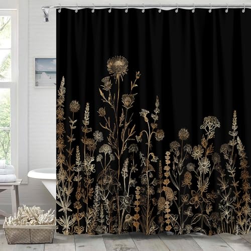 GOAOK Vintage Black and Gold Boho Shower Curtain, Black and Tan Cream Floral Aesthetic Dark Wildflower Botanical Flowers Shower Curtain for Bathroom with Hook,Farmhouse Plant Art Chic Shower Curtain 72X72 - Image 4
