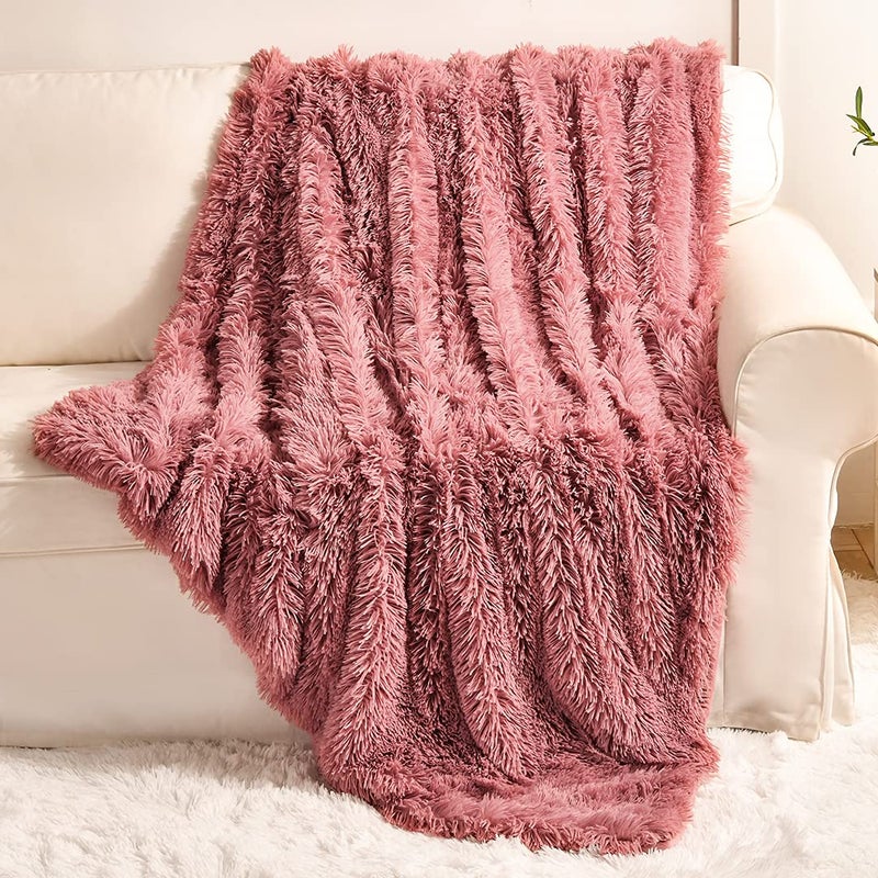 YUSOKI Long Faux Fur Throw Blanket for Sofa Couch2 Layers21lbAll AgesHome Decoration Pink50 x 60