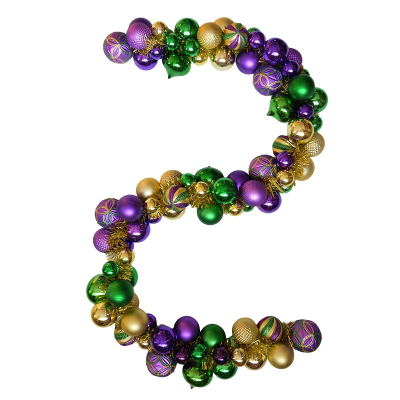 idyllic 6 Ft Mardi Gras Garland with Purple Green Gold Glitter Balls, Carnival Bead Decor for Front Door, Mantel, Wall and Fireplace, Festive Fat Tuesday Indoor Outdoor Party Supplies - Image 1