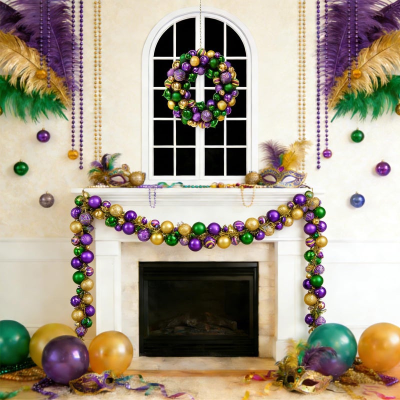 idyllic 6 Ft Mardi Gras Garland with Purple Green Gold Glitter Balls, Carnival Bead Decor for Front Door, Mantel, Wall and Fireplace, Festive Fat Tuesday Indoor Outdoor Party Supplies - Image 5