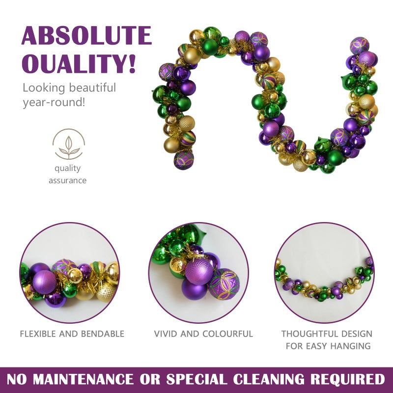idyllic 6 Ft Mardi Gras Garland with Purple Green Gold Glitter Balls, Carnival Bead Decor for Front Door, Mantel, Wall and Fireplace, Festive Fat Tuesday Indoor Outdoor Party Supplies - Image 3