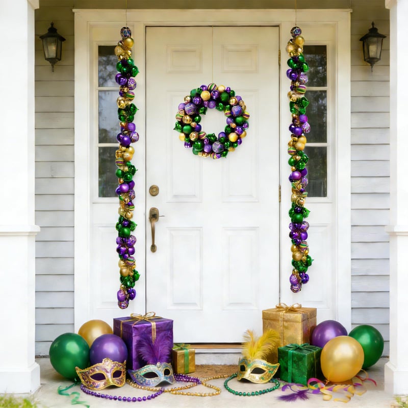 idyllic 6 Ft Mardi Gras Garland with Purple Green Gold Glitter Balls, Carnival Bead Decor for Front Door, Mantel, Wall and Fireplace, Festive Fat Tuesday Indoor Outdoor Party Supplies - Image 4