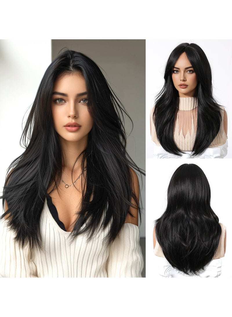 HCCY Long Straight Black Brown Wig for Women, Middle Parting with Bangs Slight Curly Fringe Natural Soft Synthetic Hair Wig for Wedding Cosplay Party Daily Wear, 24 Inches - Image 1