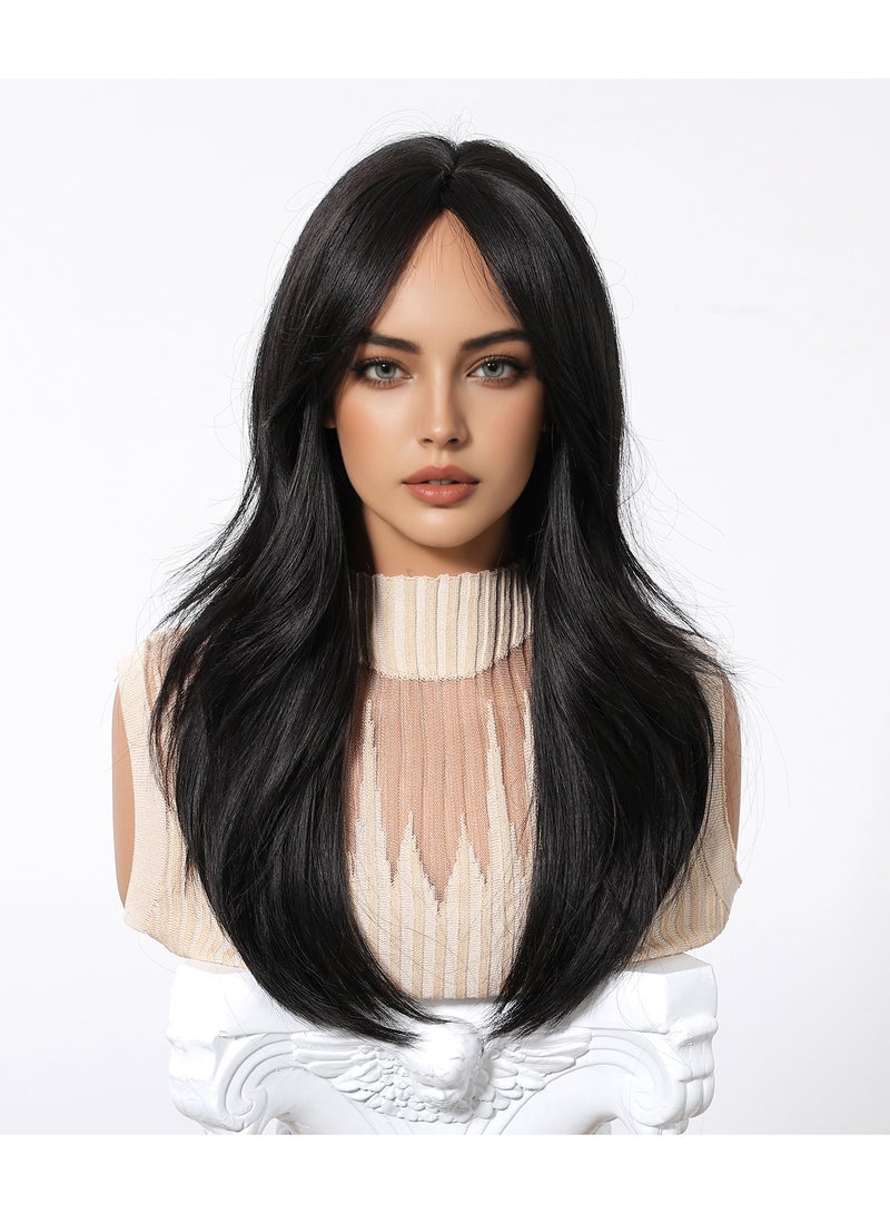 HCCY Long Straight Black Brown Wig for Women, Middle Parting with Bangs Slight Curly Fringe Natural Soft Synthetic Hair Wig for Wedding Cosplay Party Daily Wear, 24 Inches - Image 3
