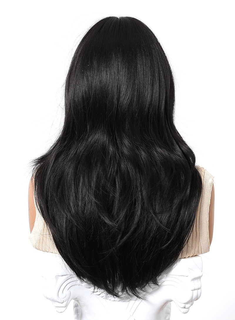 HCCY Long Straight Black Brown Wig for Women, Middle Parting with Bangs Slight Curly Fringe Natural Soft Synthetic Hair Wig for Wedding Cosplay Party Daily Wear, 24 Inches - Image 4