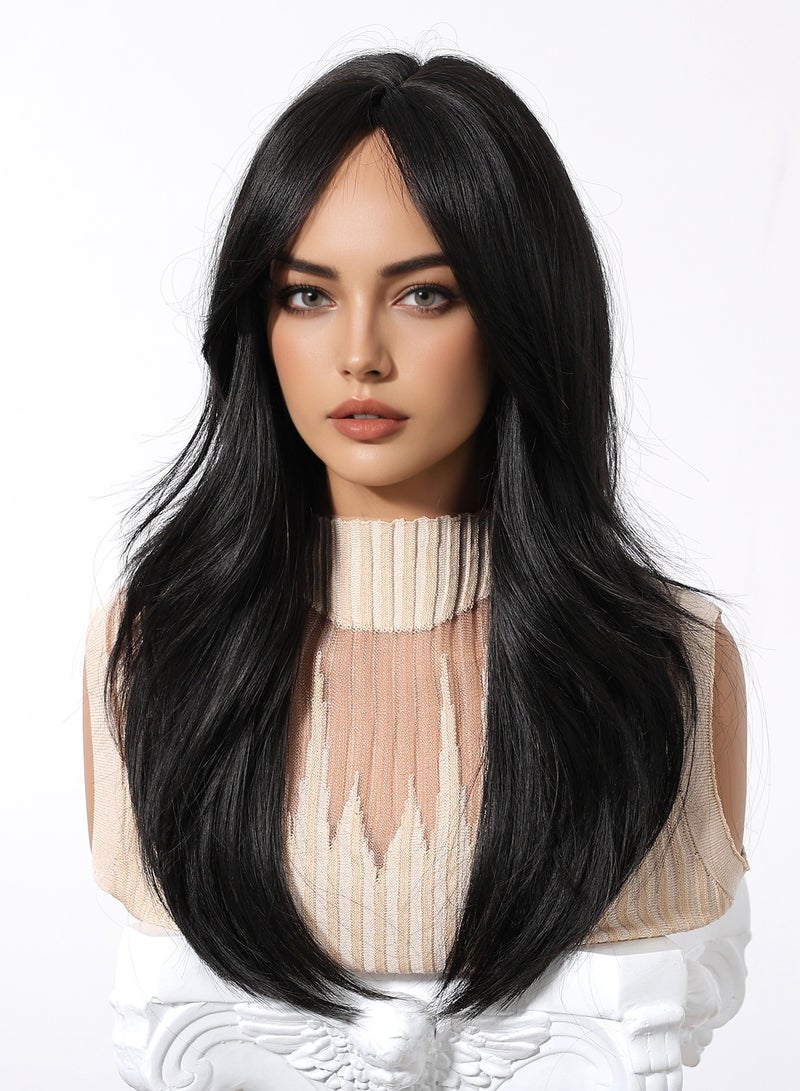 HCCY Long Straight Black Brown Wig for Women, Middle Parting with Bangs Slight Curly Fringe Natural Soft Synthetic Hair Wig for Wedding Cosplay Party Daily Wear, 24 Inches - Image 5