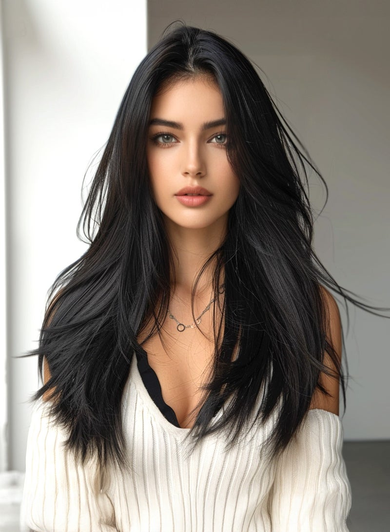 HCCY Long Straight Black Brown Wig for Women, Middle Parting with Bangs Slight Curly Fringe Natural Soft Synthetic Hair Wig for Wedding Cosplay Party Daily Wear, 24 Inches - Image 2