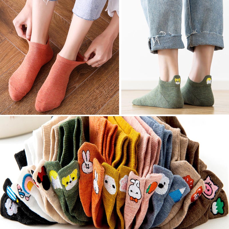 IBEILLI Women Cute Socks 10 Pairs Cotton Kawaii Embroidered Funny Low Cut Ankle Socks for Women Girls with Gift Box (10 Colors 20 Cartoons) - Image 2