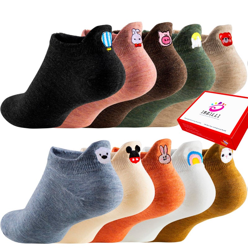 IBEILLI Women Cute Socks 10 Pairs Cotton Kawaii Embroidered Funny Low Cut Ankle Socks for Women Girls with Gift Box (10 Colors 20 Cartoons) - Image 1