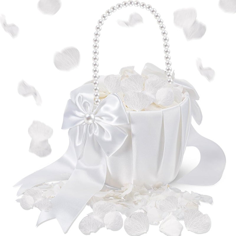 Jingmore 1 Set Wedding Flower Girl Basket and Real Petals Set Ivory Flower Girl Basket with Pearl Handle True Dried Hydrangea for Wedding Bridal Party Romantic Night Proposal Anniversary Decoration - Image 1