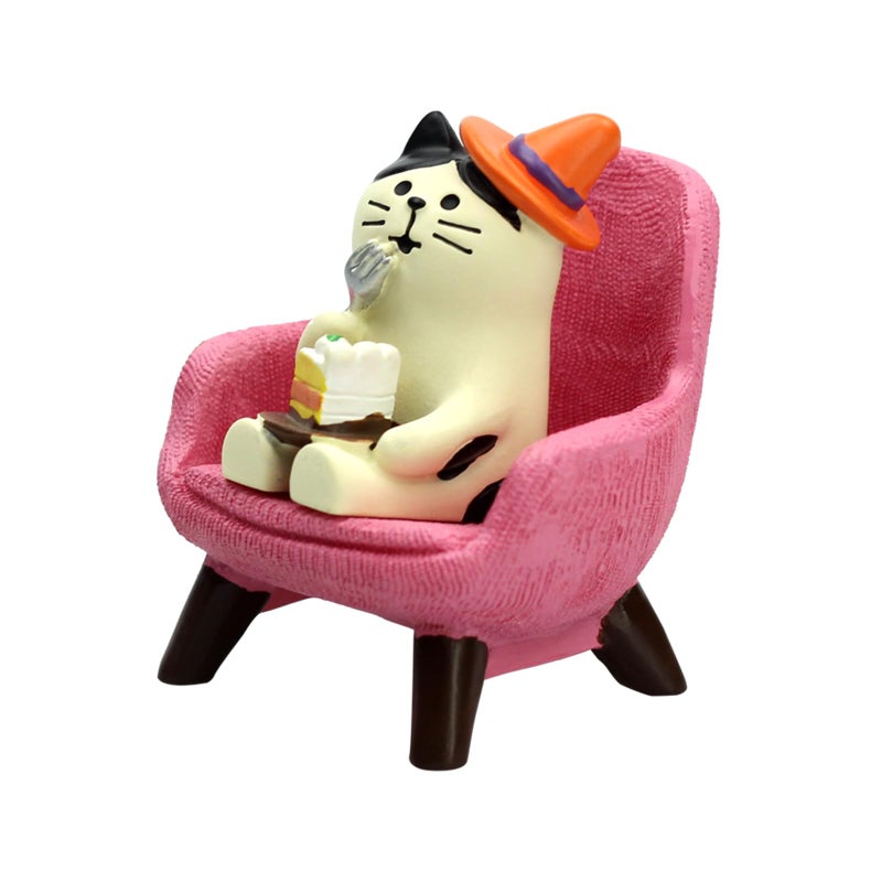 RAQWI Cute Kitten Figurine Eating Cake on Pink Sofa, Mini Resin Cat Statue for Office Desk & Home Decoration, Adorable Easter Spring Gift for Cat Lovers, Women, Friends - Image 1
