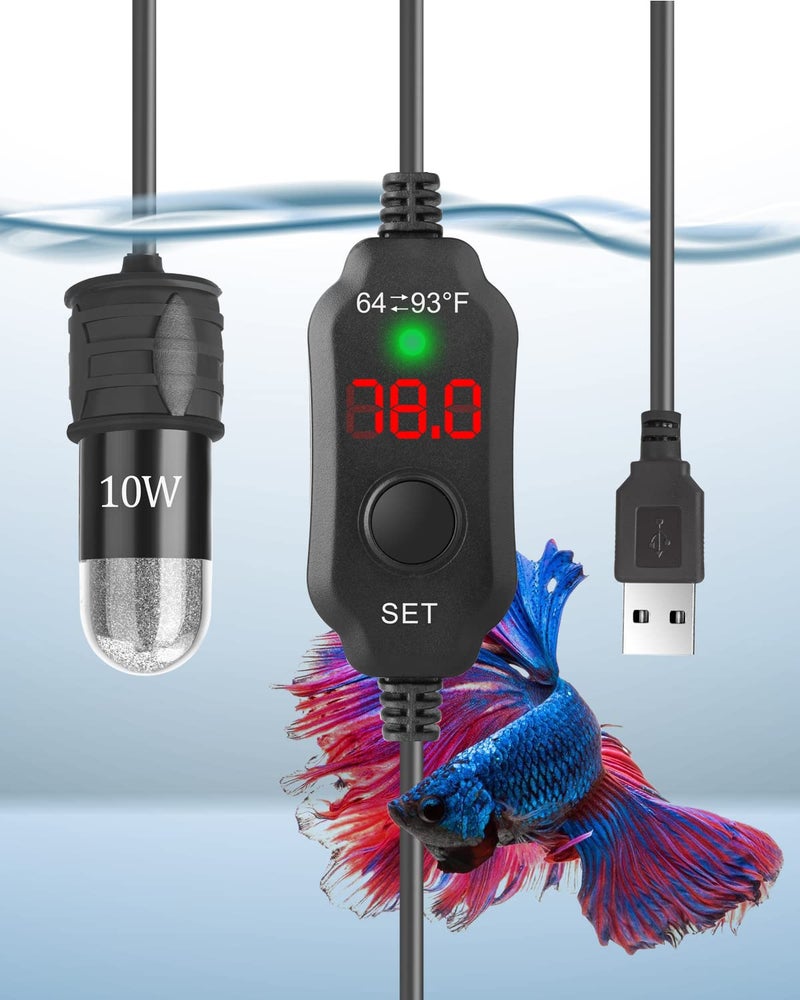 AquaMiracle Mini Aquarium Heater 5V/2A USB 10W Small Fish Tank Heater for Tanks up to 1 Gal, Digital Display Thermostat Betta Heater with Dry-Run & Overheat Protection, Memory Function - Image 1