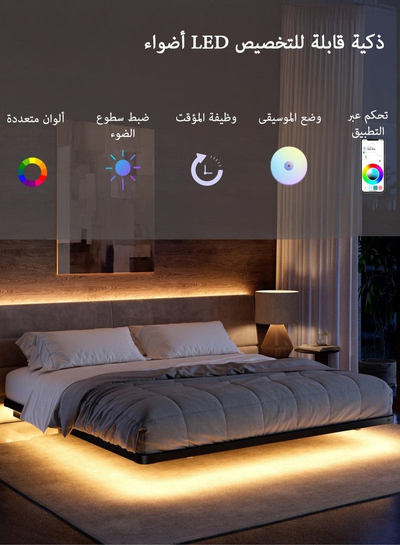 يانارا إطار سرير عائم بإضاءة LED - تصميم عصري بإطار معدني لمقاسات مفرد / مزدوج صغير / كوين / كينج / سوبر كينج (90×190 / 120×200 / 160×200 / 180×200 / 200×200 سم) - قاعدة صلبة بدون ضوضاء، لا حاجة لصندوق زنبرك، سهل التركيب، تصميم بسيط وأنيق - Image 3