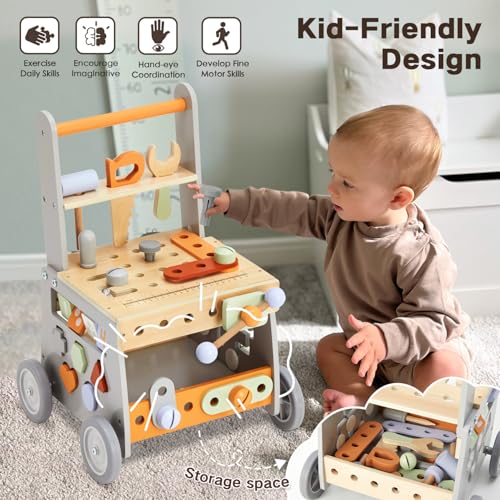 labebe Wooden Baby Walker, Baby Push Walker, Tool Toy for Toddlers, Adjustable Speed Baby Walker with Wheel, Learning Activity Walker for Girls Boys - Image 3