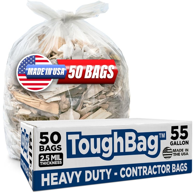 ToughBag 5560 Gallon Contractor Trash Bags 25 Mil Heavy Duty Clear 50 Count Made in USA