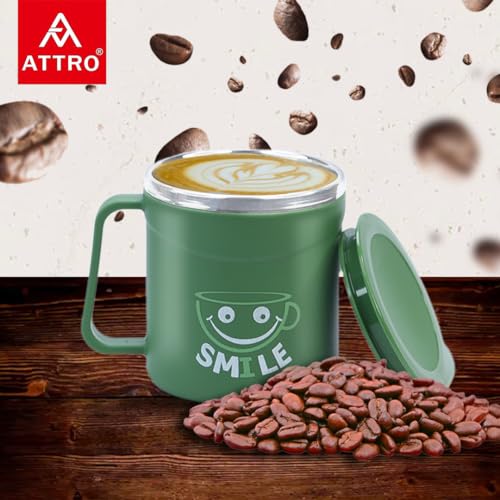 Attro Happy Mug Comes with Double Wall Inner Stainless Still & Lid Stylish Cup Ideal for Hot Coffee, Tea - Olive Green - Plastic, 300 Ml - Image 2
