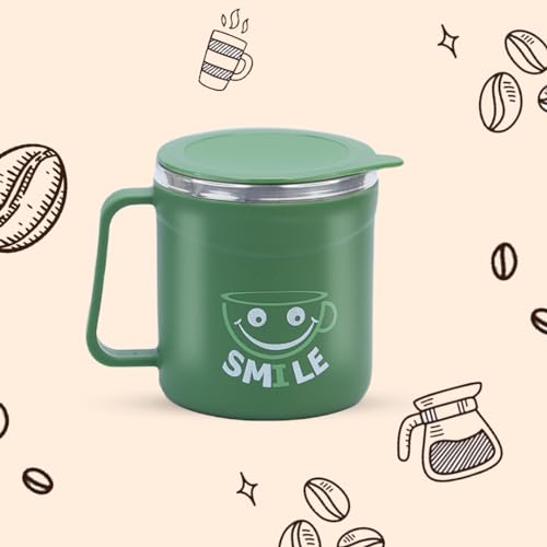 Attro Happy Mug Comes with Double Wall Inner Stainless Still & Lid Stylish Cup Ideal for Hot Coffee, Tea - Olive Green - Plastic, 300 Ml - Image 1