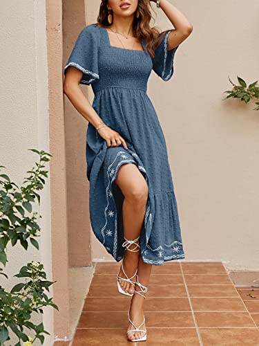 Glamaker Women's Short Sleeve Smocked Square Neck A Line Summer Flowy Midi Dress Dark Blue Medium - Image 5