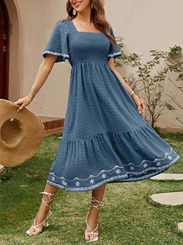 Glamaker Women's Short Sleeve Smocked Square Neck A Line Summer Flowy Midi Dress Dark Blue Medium - Image 2