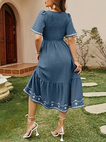 Glamaker Women's Short Sleeve Smocked Square Neck A Line Summer Flowy Midi Dress Dark Blue Medium - Image 3