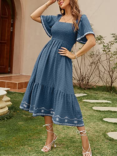 Glamaker Women's Short Sleeve Smocked Square Neck A Line Summer Flowy Midi Dress Dark Blue Medium - Image 4