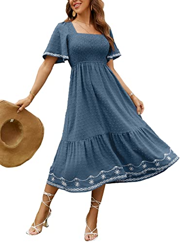 Glamaker Women's Short Sleeve Smocked Square Neck A Line Summer Flowy Midi Dress Dark Blue Medium - Image 1