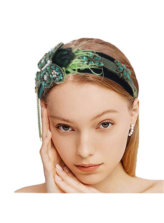 Urieo Baroque Butterfly Rhinestone Headband Dark Green Feather Wide Hairbands Tassel Crystal Embellished Hair Hoops Hair Accessories For Women - Image 1