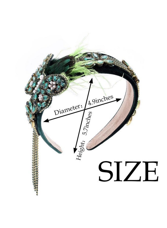 Urieo Baroque Butterfly Rhinestone Headband Dark Green Feather Wide Hairbands Tassel Crystal Embellished Hair Hoops Hair Accessories For Women - Image 2