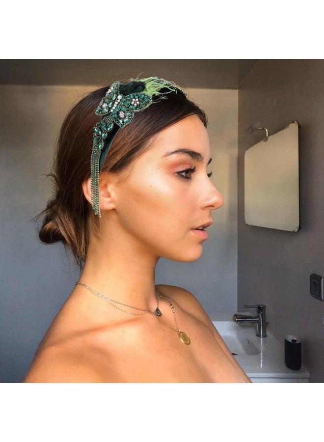 Urieo Baroque Butterfly Rhinestone Headband Dark Green Feather Wide Hairbands Tassel Crystal Embellished Hair Hoops Hair Accessories For Women - Image 3