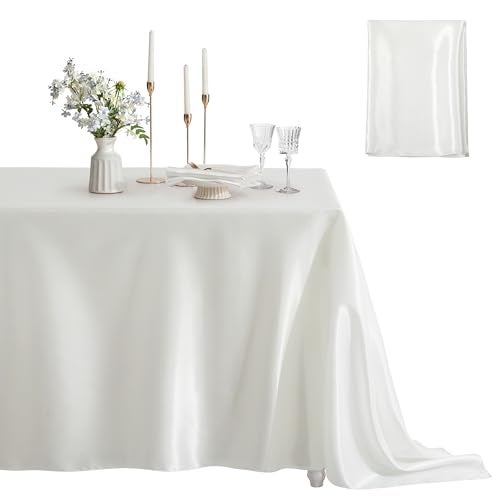 Counfeisly 1 Pack Satin Table Cover Rectangle Silkly Soft Table Cloth, Satin Dining Table Cloths for Wedding Banquet Table Decoration, Dining Room, Indoor and Outdoor Use, 60 x 84 Inches, Off White - Image 1