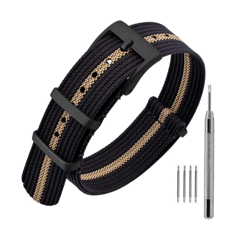 ANNEFIT Nylon Watch Band 20mm OnePiece Waterproof Military Watch Straps with Heavy Black Buckle BlackKhaki - Image 2