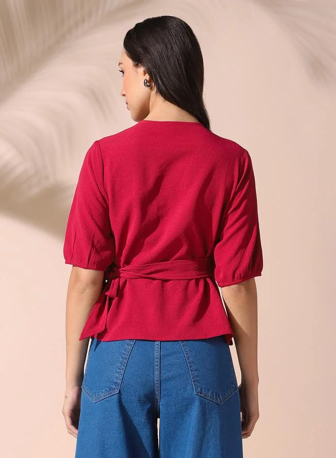 Dennis Lingo Women's Pink Polyester Blend Solid Pattern Regular Fit Tops