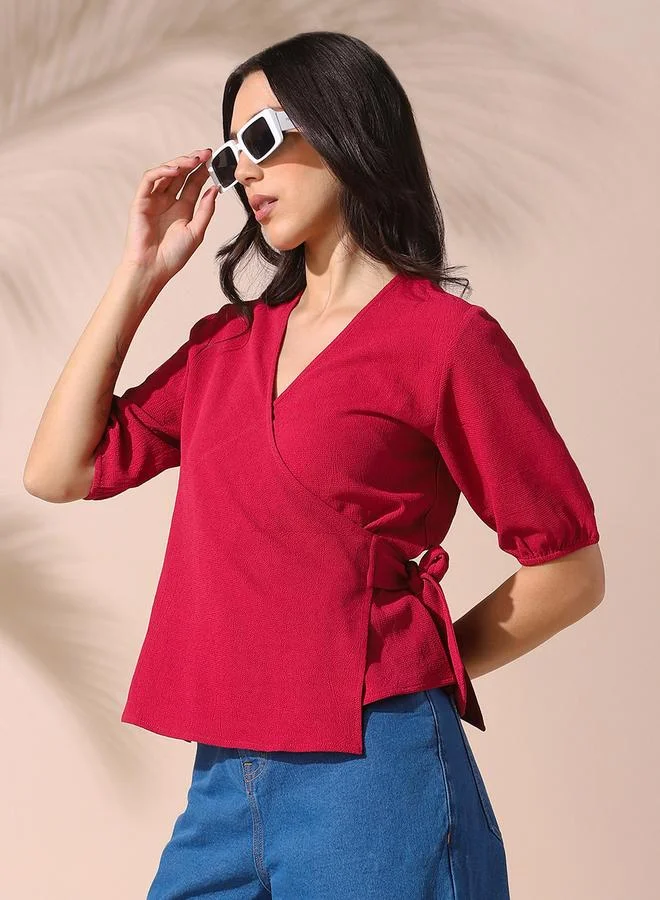 Dennis Lingo Women's Pink Polyester Blend Solid Pattern Regular Fit Tops