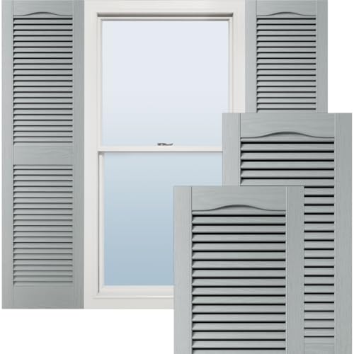 Ekena Millwork 12W x 31H Lifetime Vinyl Standard Cathedral Top Center Mullion Open Louver Shutters wInstallation ShutterLoks Matching Screws Per Pair Platinum - Image 1
