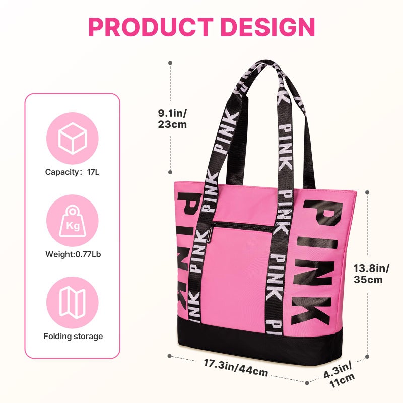 Boomistry Travel Tote Bag for Women Girl, Large Waterproof Beach Bag with Zipper, Travel Handbags for Daily, College, Work, Shopping (Pink) - Image 3