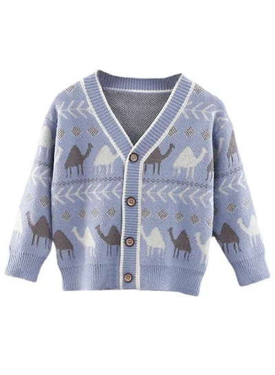 LITTLE SURPRISE BOX Kids Light Blue Camel Troop, Cardigan V neck Sweater