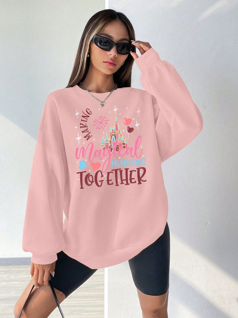 MYHALF Oversized Magic Kingdom Sweatshirts Women: Magical Castle Graphic Shirts Funny Letter Print Long Sleeve Crewneck Tops - Image 5