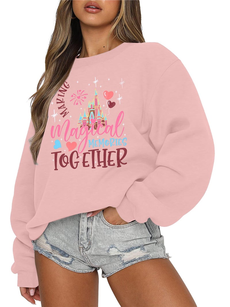MYHALF Oversized Magic Kingdom Sweatshirts Women: Magical Castle Graphic Shirts Funny Letter Print Long Sleeve Crewneck Tops - Image 3